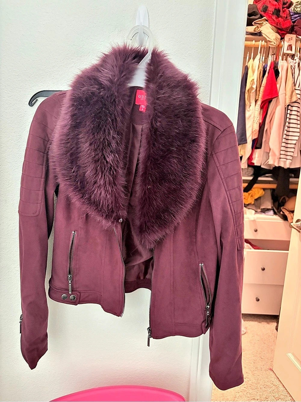 GUESS Faux-Fur Removable Collar Jacket in Purple Like New